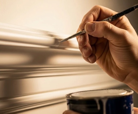 A painter&rsquo;s hand cutting in a molding edge with a fine brush