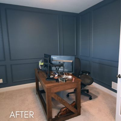 Home office after painting, slate blue walls with applied wall panelling