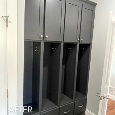 Mudroom lockers after enameling in charcoal gray