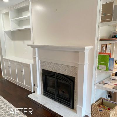 Fireplace surround and built-in shelving enameled white