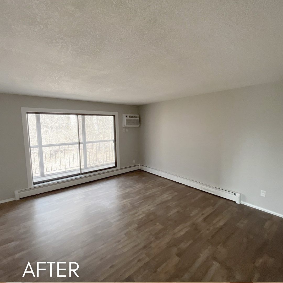 Empty apartment living room after painting, soft gray walls above wood flooring