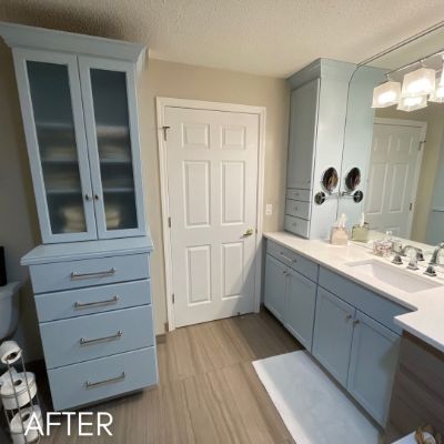 Bathroom cabinetry refinished pale blue beside a white panelled door