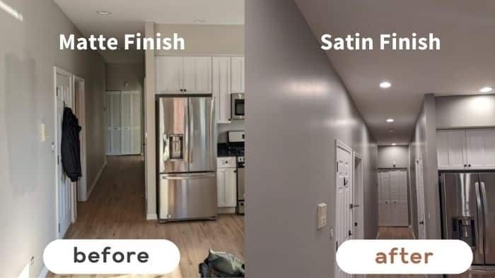 The same hallway in matte and in satin finish, side by side, showing how each reflects light
